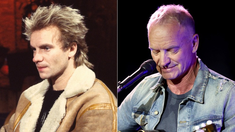 Split image of Sting sitting on stage in the 1980s, and Sting standing in front of a microphone on stage in the 2020s