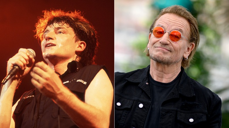 Split image of Bono singing into a microphone in the 1980s, and Bono posing in the 2020s