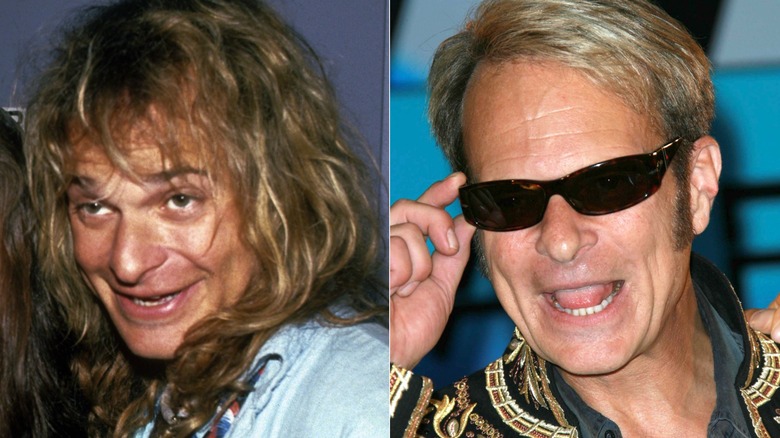 Split image of David Lee Roth smiling in the 1980s, and David Lee Roth smiling with glasses on in 2007