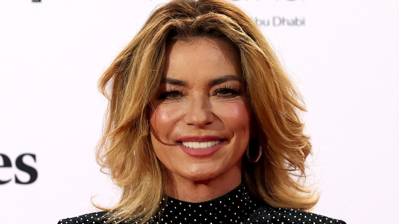 Shania Twain smiling with a layered lob.