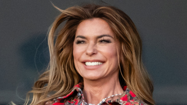Shania Twain performing with a big smile and wind-blown hair.