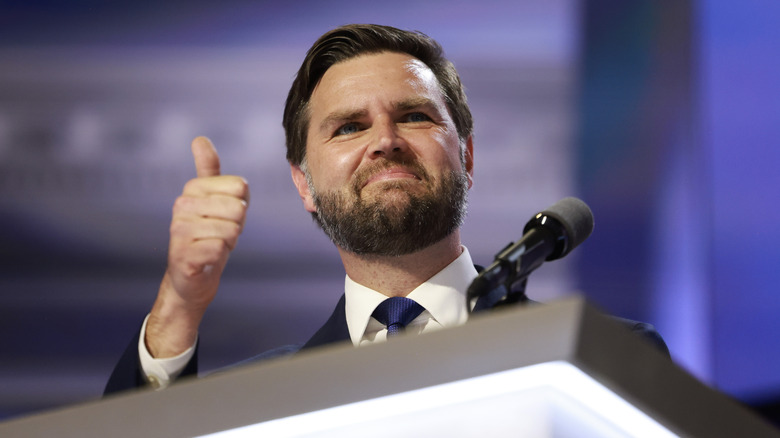 JD Vance smiling and giving a thumbs up at the 2024 RNC