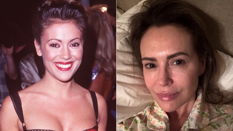 Alyssa Milano in 1997; Alyssa Milano in an Instagram selfie make-up free in 2025