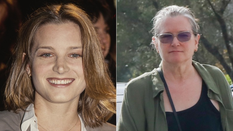 Bridget Fonda in 1993; Bridget Fonda with grey hair in 2025