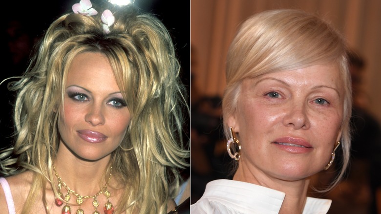 Pamela Anderson in 1999; Pamela Anderson in 2024 with no makeup