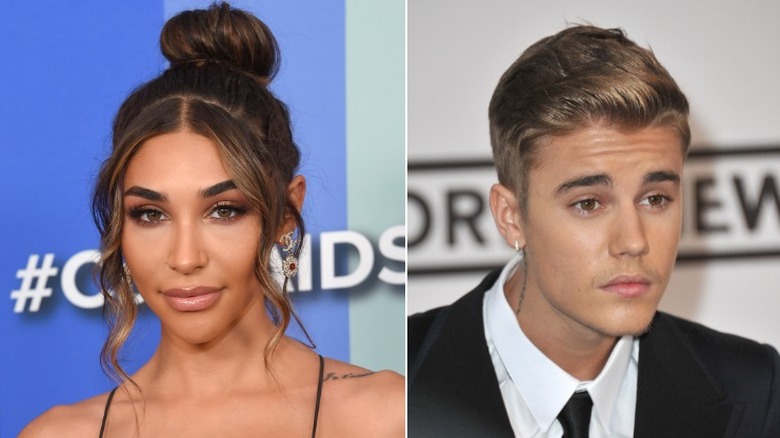 Chantel Jeffries smiling, Justin Bieber in suit