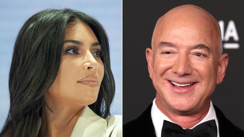 Kim Kardashian looking to the right; Jeff Bezos looking to the left