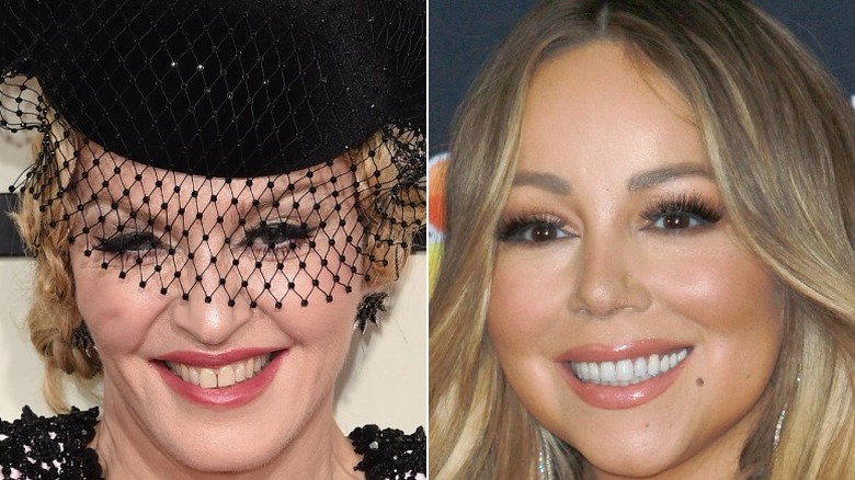 Madonna smiling under veil, Mariah Carey smiling