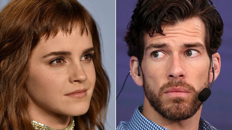 Emma Watson looking right, Brendan Wallace glancing left