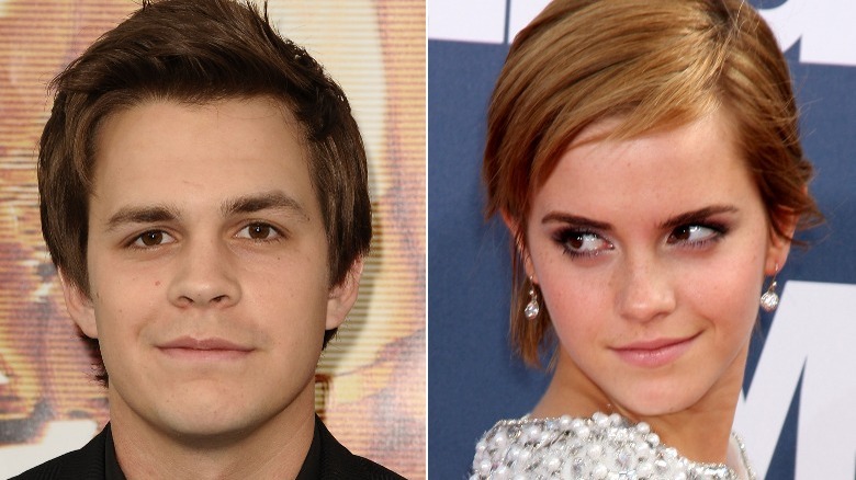Johnny Simmons smiling, Emma Watson smirking