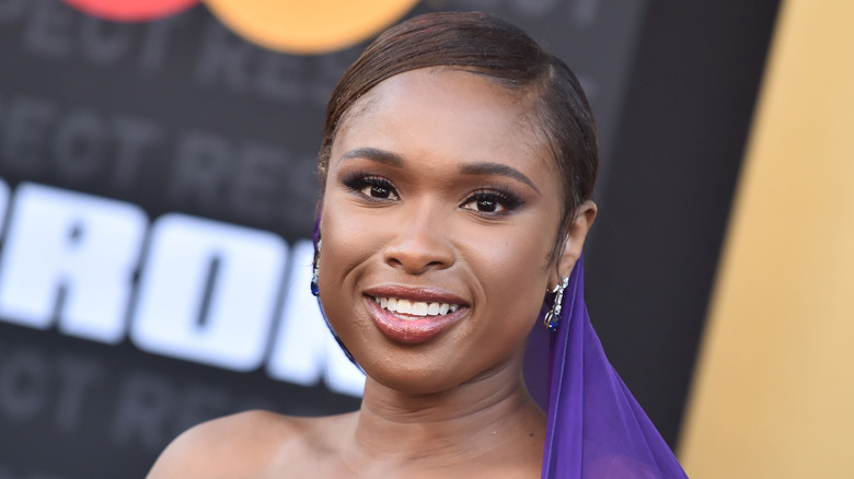 Jennifer Hudson poses in a purple veil