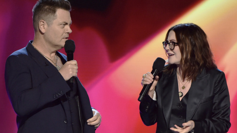 Nick Offerman and Megan Mullally on stage