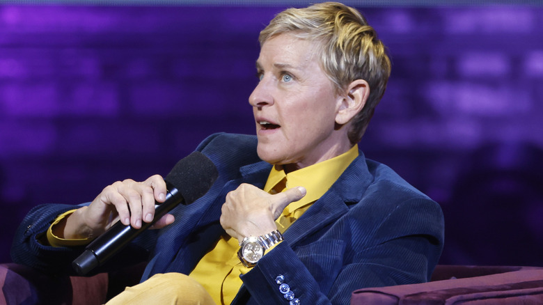 Ellen DeGeneres speaking on stage.