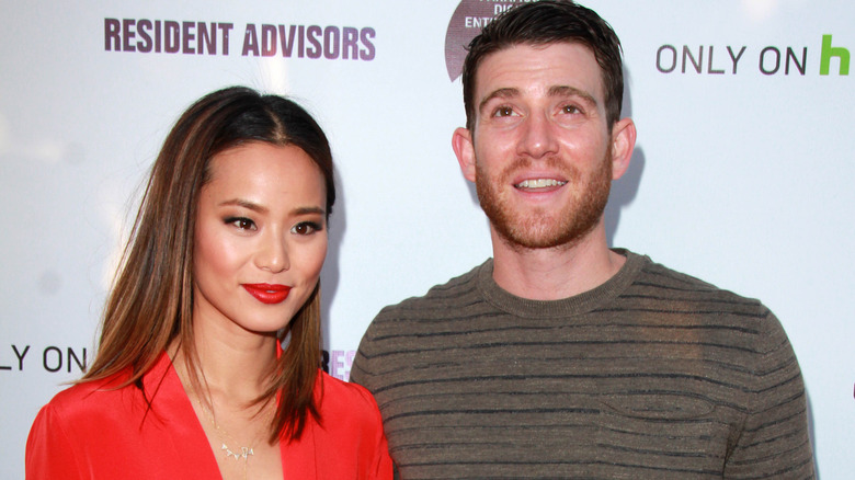Jamie Chung red lipstick Bryan Greenberg looking up