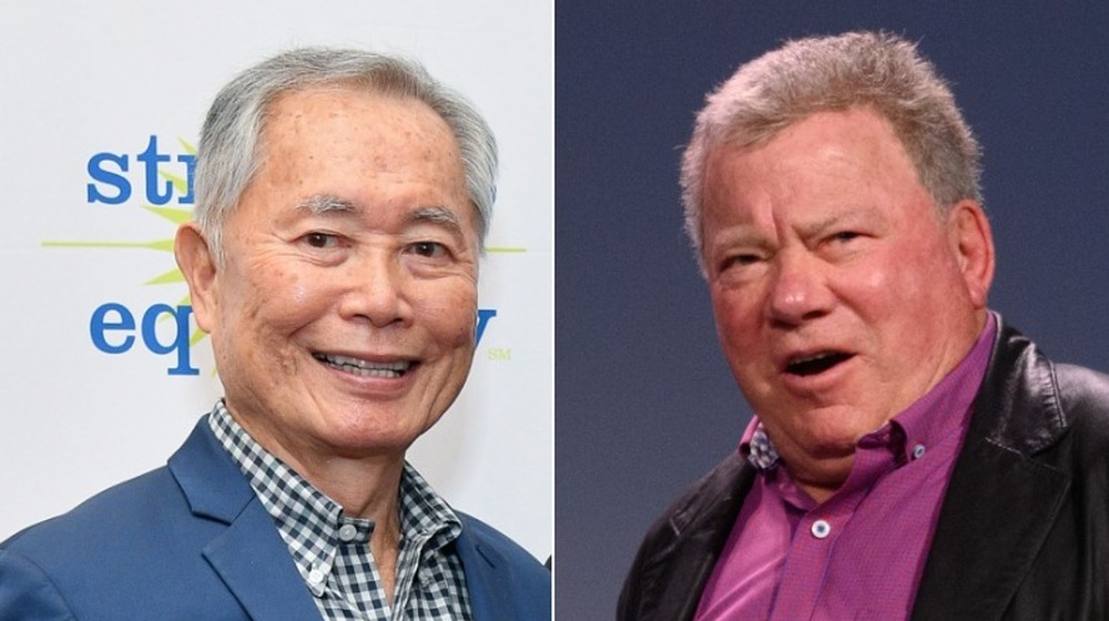 George Takei on red carpet and William Shatner speaking
