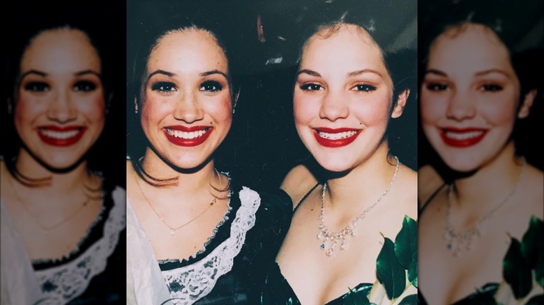 Meghan Markle and Katharine Foster smiling while posing together, wearing red lipstick, as teenagers
