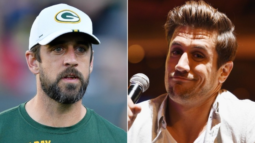 Aaron Rodgers looking intense (left), Jordan Rodgers smirking (right)