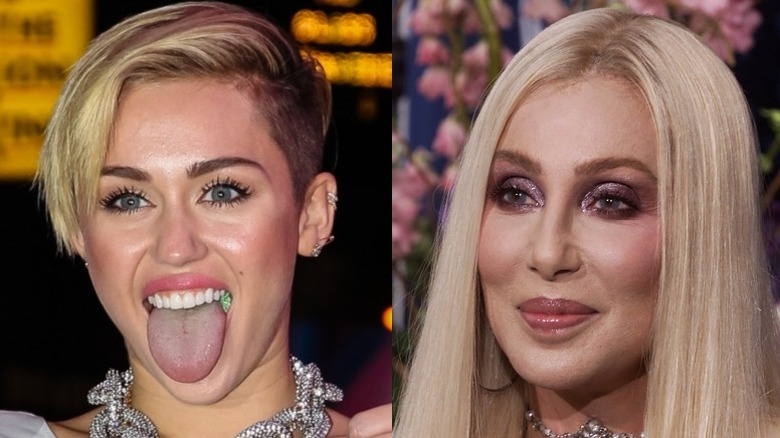 Miley Cyrus tongue out (left), Cher smirking (right)