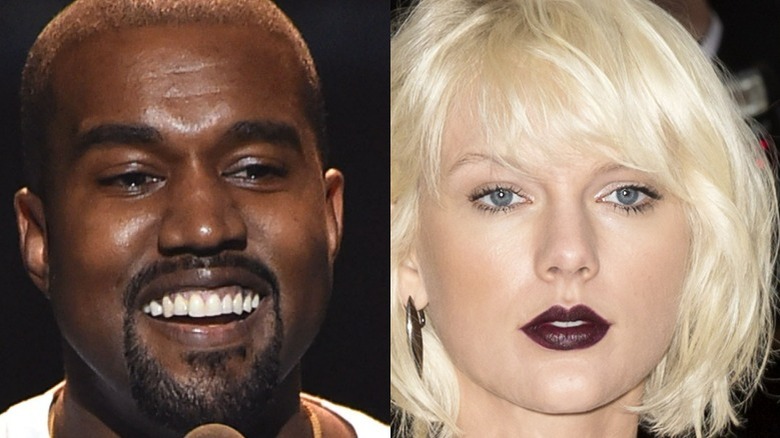 Kanye West laughing, Taylor Swift with dark lipstick