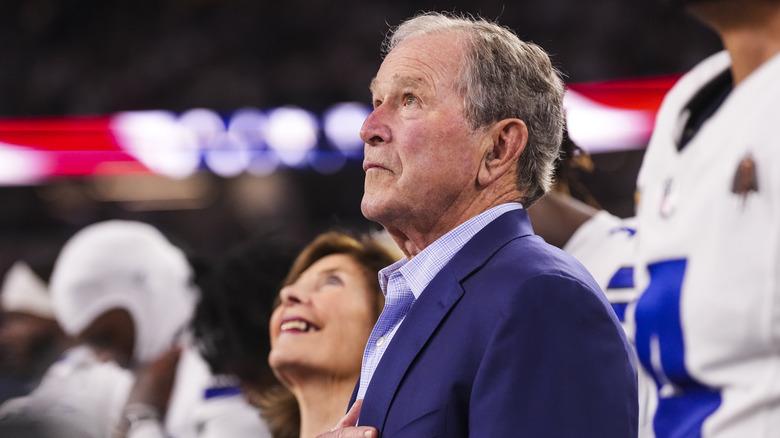 Former President George W. Bush during the anthem