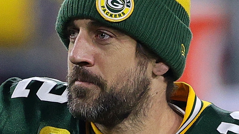 Aaron Rodgers reacts at a Packers game
