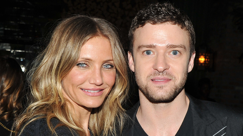 Cameron Diaz smiling next to a shocked Justin Timberlake 