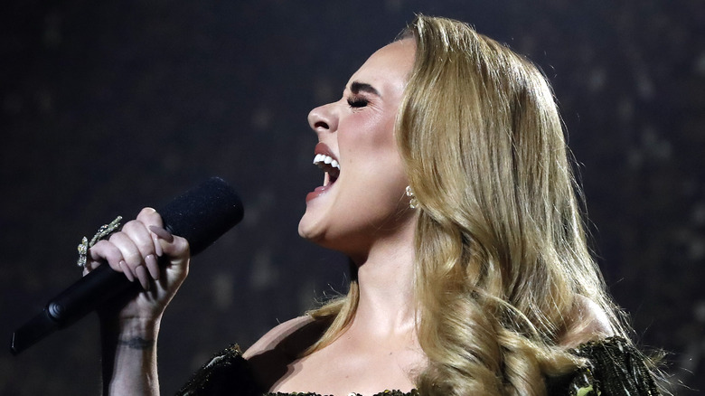 Adele performing on the stage at the Brit Awards 