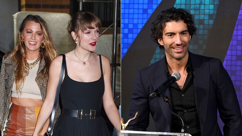 A split image of Taylor Swift walking in front of Blake Lively as they hold hands, and Justin Baldoni speaking into a microphone.