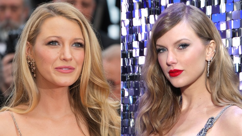 A split image of Blake Lively and Taylor Swift looking away from the camera, all while wearing flawless makeup.