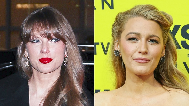 A split image of Taylor Swift staring directly at the camera, and Blake Lively making a face.