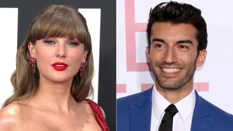 A split image of Taylor Swift dress in all-red on the red carpet, and Justin Baldoni wearing a wide smile.