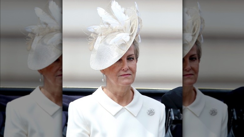 Sophie, Duchess of Edinburgh, wearing a cream dress and matching feathered hat at Trooping the Colour 2026.