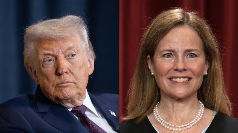Left: Donald Trump sitting; Right: Amy Coney Barrett smiling