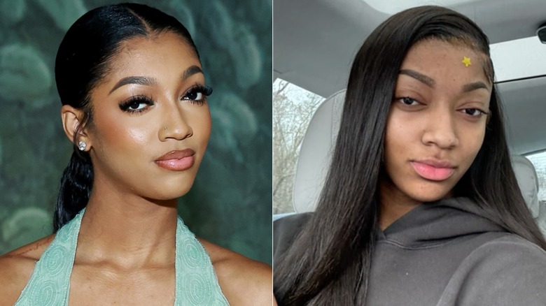 Angel Reese split image makeup vs. no makeup