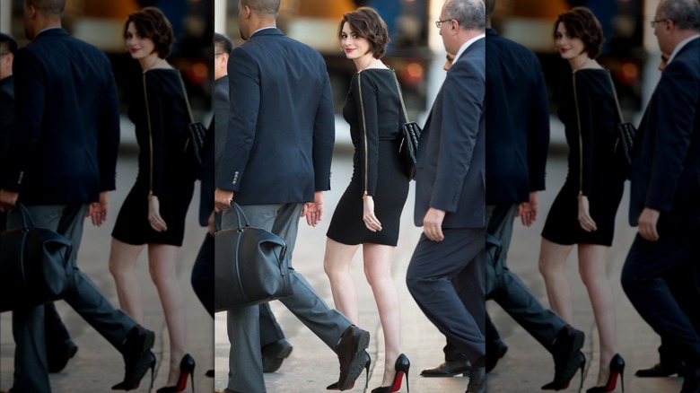Anne Hathaway walking in Christian Louboutin shoes