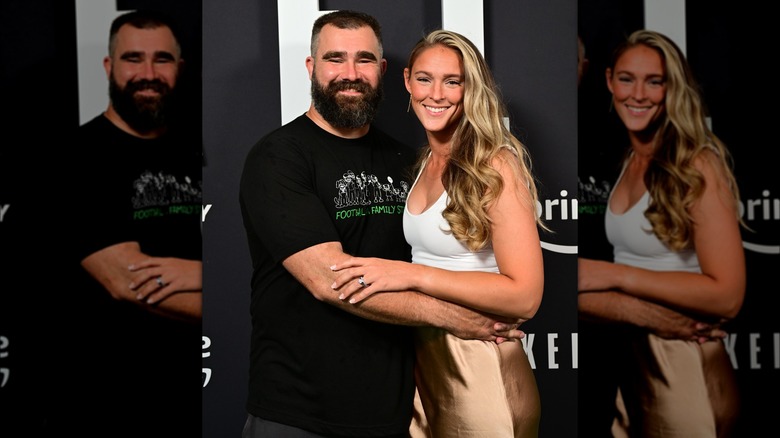Jason Kelce and  McDevitt embrace on the red carpet