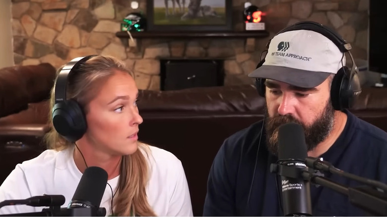 Kylie  McDevitt looks at a seemingly guilty Jason Kelce