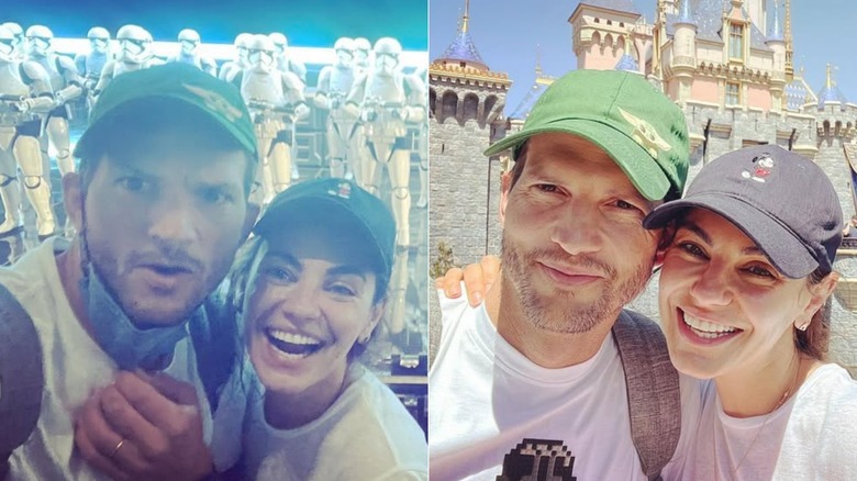 Split image of Ashton Kutcher and Mila Kunis taking selfies in front of group of Stormtroopers and Cinderella's Castle at Disneyland.