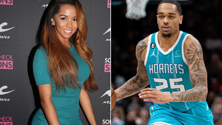 A composite image of Brittany Renner smiling and PJ Washington playing basketball