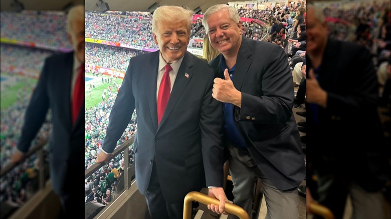 Lindsey Graham and Donald Trump pose together at a sporting event.