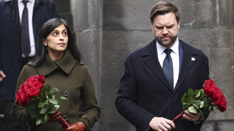 Usha and JD Vance hold flowers at the Armenian Genocide Memorial.