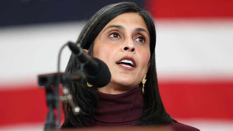 Usha Vance speaking to military personnel.