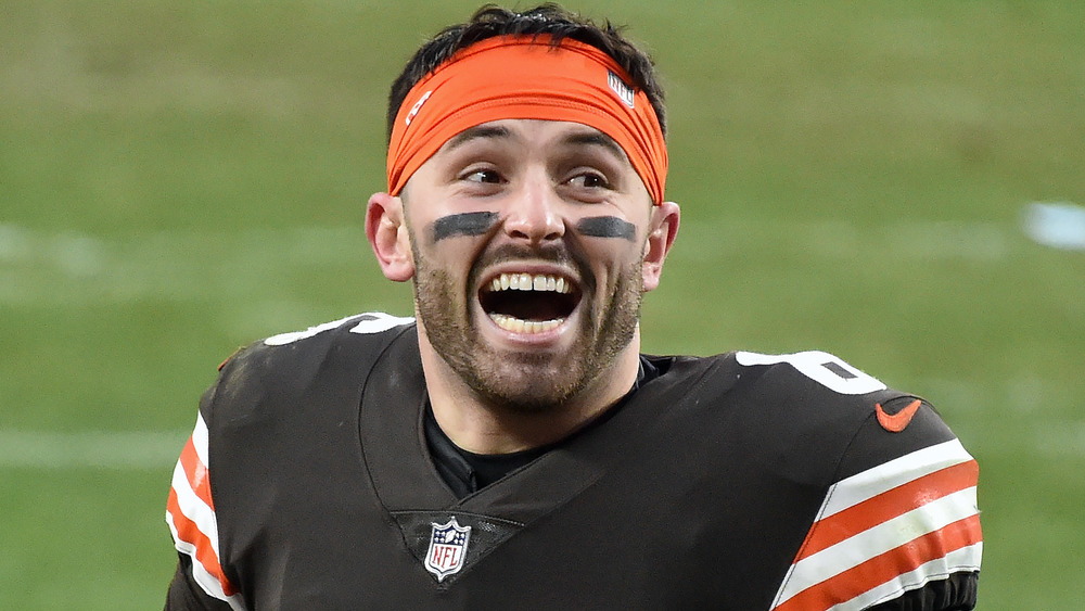 Baker Mayfield looking happy during a football game