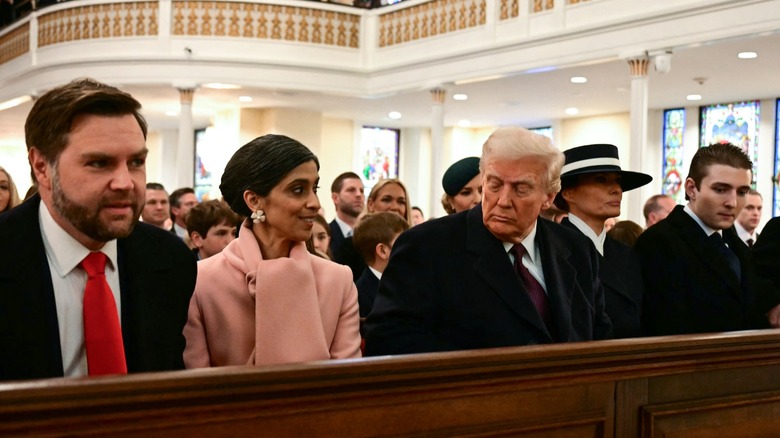 Donald Trump speaking with JD Vance and Usha Vance during a church service at St. John's Episcopal Church