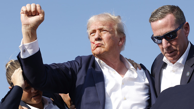 Donald Trump puts fist in the air after being shot