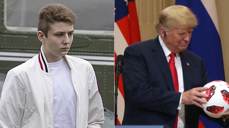A split image of Barron Trump facing down while wearing a white bomber jacket, and Donald Trump smiling as he receives a soccer ball.