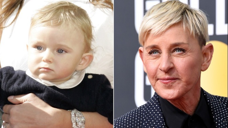 A split image of Barron Trump as a baby looking ahead, and Ellen DeGeneres wearing a polka dot suit and smiling.