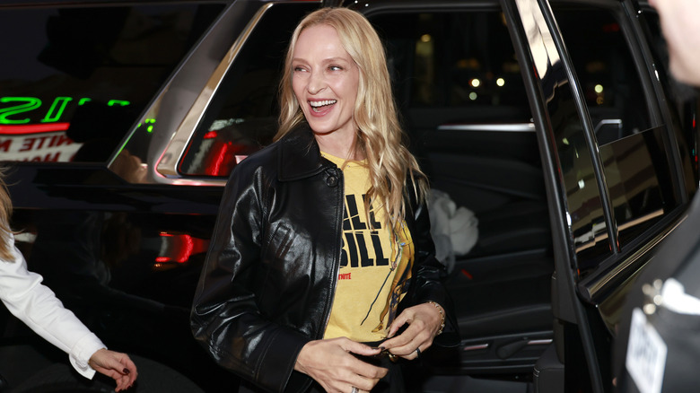 Uma Thurman in a "Kill Bill" t-shirt.