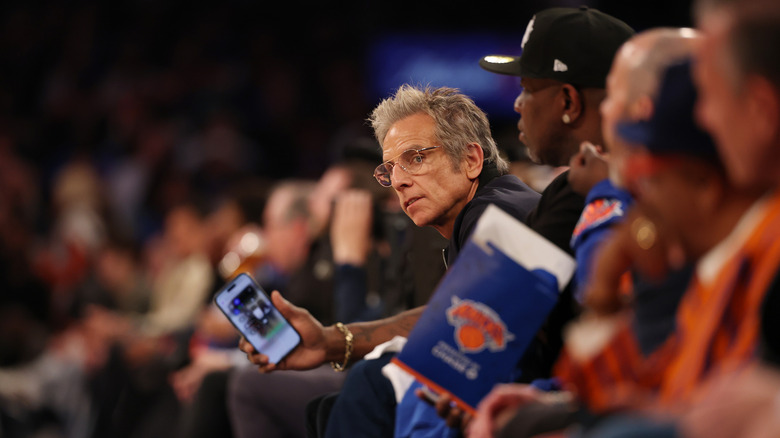 Ben Stiller sitting courtside at a Knicks game