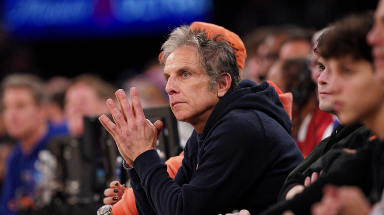 Ben Stiller sitting courtside at a basketball game